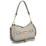 Cartera Guess modelo Celestia, de color gris, confeccionada en material sintético con textura geométrica en relieve y logo de la marca estampado. Cuenta con cierre superior, herrajes dorados, detalle de hebilla con el nombre de la marca al frente y correa ajustable para llevar al hombro o cruzada.