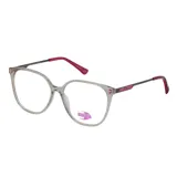 Armazón de anteojos MDQ modelo GZ09, con marco de acetato transparente en tono gris y patillas combinadas en gris y fucsia.