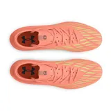 Championes de fútbol Under Armour Magnetico Select 4 FG, color naranja con suela verde lima. Presentan parte superior de piel sintética con estampado 3D para mayor control, cuello textil tipo calcetín y suela de TPU con tacos cónicos para tracción.