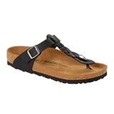 Sandalia tipo ojota Birkenstock modelo Gizeh Braided, color negro, con tira central trenzada y hebilla metálica ajustable. Presenta plantilla anatómica de corcho y suela de goma negra.
