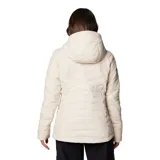 Campera técnica Columbia Joy Peak II con capucha, diseñada con tecnología Omni-Heat Infinity para retención de calor y Omni-Shield para repelencia al agua. Cuenta con aislamiento Thermator de poliéster reciclado, cierre frontal completo, bolsillos laterales con cremallera, puños con orificio para pulgar y cuello forrado en vellón.
