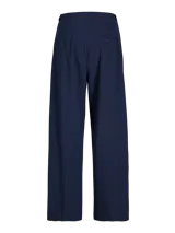 Pantalón sastrero de tiro medio color azul marino, con cierre de botón y cremallera, pierna ancha y largo completo. Confeccionado en tejido plano.