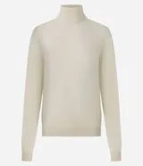 Suéter de punto color crema con cuello alto y mangas largas. Presenta un diseño ajustado al cuerpo con puños acanalados.