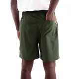 Short de baño o casual negro, con cintura elástica y cordón ajustable. Presenta un pequeño logo de Santa Cruz Skateboards bordado o estampado en la parte inferior del muslo derecho.