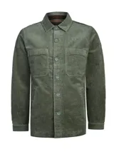 Chaqueta tipo sobrecamisa de cotelé color verde oliva, con cierre frontal de botones, cuello clásico y dos bolsillos en el pecho. Presenta un diseño de corte recto y mangas largas con puños abotonados.