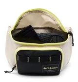 Riñonera Columbia Zigzag II Hip Pack, color beige con detalles en negro y amarillo neón. Cuenta con un compartimento principal con cierre amarillo neón y un bolsillo frontal con cierre negro y ribete amarillo neón. La correa es ajustable y tiene hebillas de plástico.