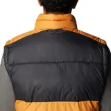 Chaleco acolchado Columbia con tecnología Omni-Heat termorreflectante. Presenta un diseño bicolor en bloques de color naranja y negro, con cierre frontal completo, cuello alto y bolsillos laterales con cremallera.