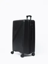 Valija rígida de 28 pulgadas color negro con diseño texturizado, manija retráctil, ruedas giratorias y candado de seguridad integrado.