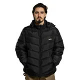 Campera puffer negra con capucha, cierre frontal y diseño acolchado con costuras horizontales. Cuenta con logo de la marca bordado en el pecho.