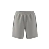 Short deportivo Adidas Basketball Legends color gris con tres tiras verticales azules a los costados.