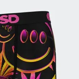 Calzoncillos bóxer estampados negros con hongos, hojas de marihuana y caras sonrientes en colores neón.