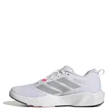 Championes de entrenamiento Adidas modelo Rapidmove Go, color blanco con detalles en gris, fucsia y naranja. Presentan diseño de malla transpirable, tecnología Climacool y suela con diseño geométrico.