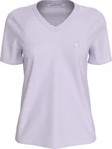 Remera lila de algodón con cuello en V y logo CK bordado en el pecho.