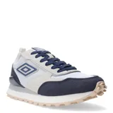 Championes Umbro modelo Venturi, color blanco con detalles en azul marino y beige. Presentan cordones azules, logo de Umbro en el lateral y la lengüeta, y suela con relieve.