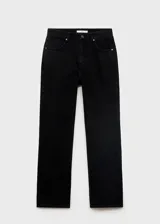 Jean de corte recto y tiro medio, confeccionado en tejido de algodón estilo vaquero, con cierre frontal de cremallera y botón, y diseño de cinco bolsillos.