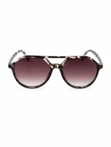 Lentes de sol con armazón de carey en tonos marrones y beige, diseño redondo estilo aviador con doble puente y cristales degradados en tono marrón.