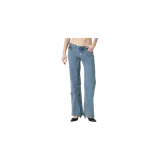 Pantalón de jean estilo flare con diseño de costuras decorativas curvadas en el frente y lavado vintage claro.