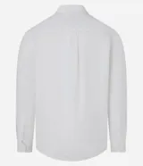 Camisa comfort de manga larga y cuello inglés, confeccionada en mezcla de lino y algodón. Presenta un diseño básico sin estampa con cierre frontal de botones.