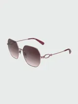 Lentes de sol Longchamp con armazón metálico en tono rosado y diseño geométrico. Presentan cristales degradados en tonos marrones y detalles de eslabones en las varillas.