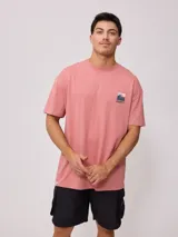 Remera color salmón de corte oversized con cuello redondo y manga corta. Estampado pequeño en el frente con el logo de la marca y un paisaje de olas.