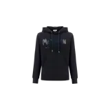 Hoodie Alexander McQueen de color negro, con capucha y cordones ajustables. Presenta un diseño de bolsillo tipo canguro al frente y está decorado con el logotipo de la marca estampado en efecto graffiti.