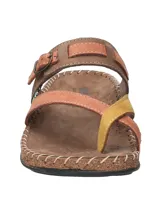 Sandalias de cuero para mujer, modelo Paradise de RKF, con diseño multicolor en tonos marrón, terracota y detalles en amarillo. Posee capellada y plantilla de cuero, tira ajustable con hebilla y suela de poliuretano efecto corcho.