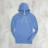 Canguro azul de algodón fino tipo waffle con capucha y cordones blancos.