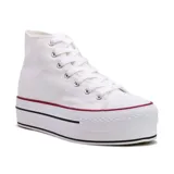 Zapatillas deportivas de caña alta, color negro con suela de plataforma doble blanca con línea roja.