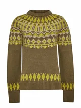 Sweater de tejido de punto con diseño étnico en tonos marrón y amarillo. Presenta cuello redondo, mangas largas y un patrón geométrico distintivo en la parte superior y el ruedo.
