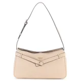 Cartera tipo shoulder bag de Guess, color gris topo en material sintético con detalles de tiras cruzadas y herrajes dorados. Cuenta con correa de hombro ajustable y cierre superior.