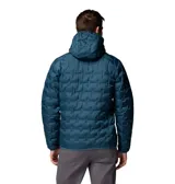 Campera con capucha de plumón, color azul, con tecnología HeatSeal de construcción sin costuras y forro termorreflectante Omni-Heat. Presenta cierre frontal completo, bolsillos laterales con cremallera y ribetes elásticos en puños, dobladillo y capucha.