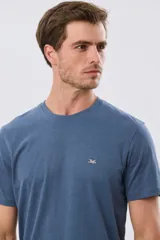 Remera lisa de manga corta y cuello redondo, color gris oscuro, de calce cómodo con pequeño logo bordado en el pecho.