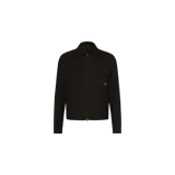 Campera Amiri de color negro, confeccionada en tejido liso, con cuello camisero, cierre frontal de cremallera metálica, dos bolsillos con solapa en el pecho y manga larga con puños abotonados.