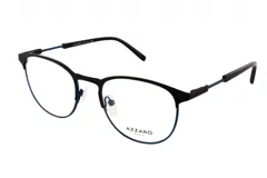 Armazón para lentes de receta Azzaro modelo 31211, de metal color negro con detalles en azul. Diseño de forma redonda con puente en forma de cerradura y patillas delgadas.