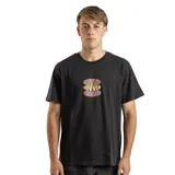 Remera negra de manga corta con estampa centrada en el pecho con el logo de la marca en colores verde, naranja y violeta.