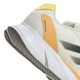 Championes de running Adidas Duramo SL, color blanco con detalles en naranja y negro. Presentan tecnología de amortiguación LIGHTMOTION en la entresuela y suela de goma ADIWEAR para mayor durabilidad. La parte superior está confeccionada en malla transpirable.