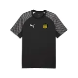 Camiseta de entrenamiento Puma del Club Atlético Peñarol, color negro con mangas raglán en gris con diseño geométrico. Presenta el logo de la marca en blanco y el escudo del club en el pecho.