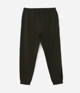 Pantalón tipo jogger de corte holgado, color verde oliva, con cintura elástica ajustable mediante cordón, bolsillos laterales y puños elásticos en los tobillos.
