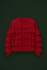 Saco tejido de punto color rojo, con diseño de capas escalonadas con bordes festoneados en el cuerpo y las mangas. Presenta cierre frontal con botones al tono y cuello redondo.