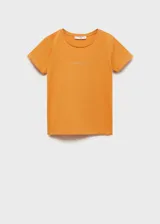 Camiseta de algodón color naranja con cuello redondo, mangas cortas con dobladillo y logo de la marca estampado en el pecho.