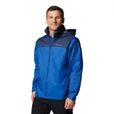 Campera impermeable Columbia Glennaker Lake Jkt con tecnología Omni-Shield, diseño bicolor en tonos azul y azul marino, con capucha plegable y cierre frontal.