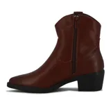 Bota tejana de caña baja color marrón oscuro, con taco cuadrado y sutiles costuras decorativas en el lateral.