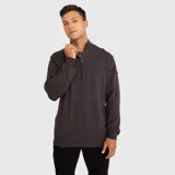 Sweater de punto color gris oscuro con cuello alto y cierre frontal parcial. Presenta puños y ruedo acanalados, con un diseño de tejido texturizado en las mangas.