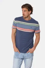 Remera de manga corta con cuello redondo y diseño rayado multicolor en tonos azules, beige, verde y rosado, con pequeño logo bordado en el pecho.