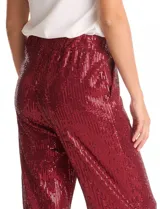 Pantalón de noche con lentejuelas rojas, de corte recto y caída fluida. Cuenta con cintura elástica y bolsillos laterales.