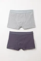 Pack de dos boxers de algodón. Uno es gris con estampado cuadrillé y cintura elástica gris claro. El otro es gris oscuro liso con cintura elástica gris oscuro.