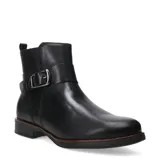 Botas de caña baja marca Bottero, confeccionadas en cuero negro con detalle de tira con hebilla metálica en el tobillo. Presentan un diseño clásico con taco bajo y suela con borde en tono contraste.