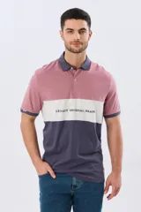 Remera polo de manga corta con diseño en bloques de color en tonos azul marino, blanco y verde militar, con bordado frontal y cierre de botones.