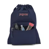 Mochila JanSport azul marino con cierre tipo bolsa, tirantes ajustables y bolsillo frontal con cierre.
