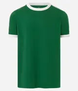 Remera de algodón color celeste con cuello redondo y bordes de mangas en color blanco. Presenta diseño de rayas dobles blancas en los hombros y mangas.